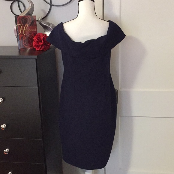 Navy Blue off Shoulder Sheath Dress Sz 8 - Picture 3 of 5